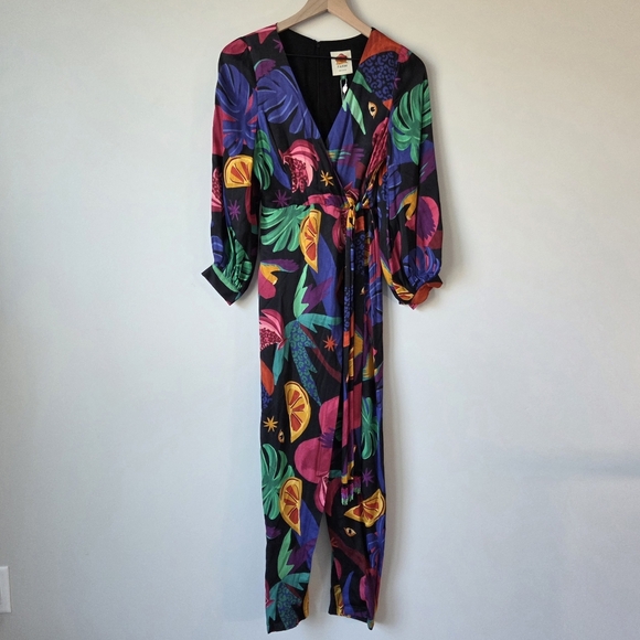 FARM Rio Pants - FARM Rio Wrap Jumpsuit Split Leg Beaded Tassel Sleeve Eco Viscose XS Multicolor